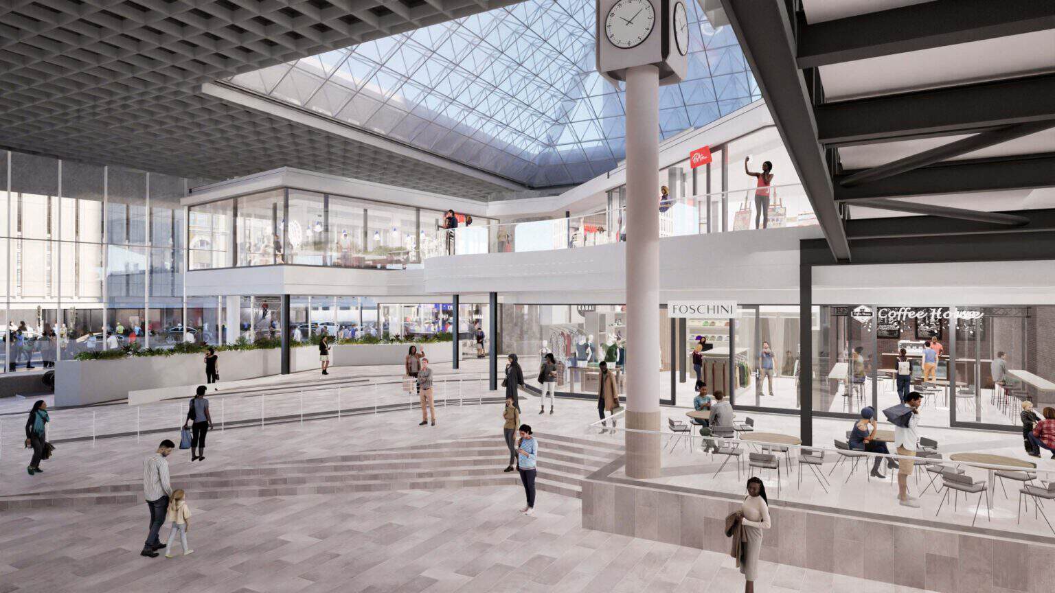 Modern airport terminal with travelers and retail shops in Cape Town.
