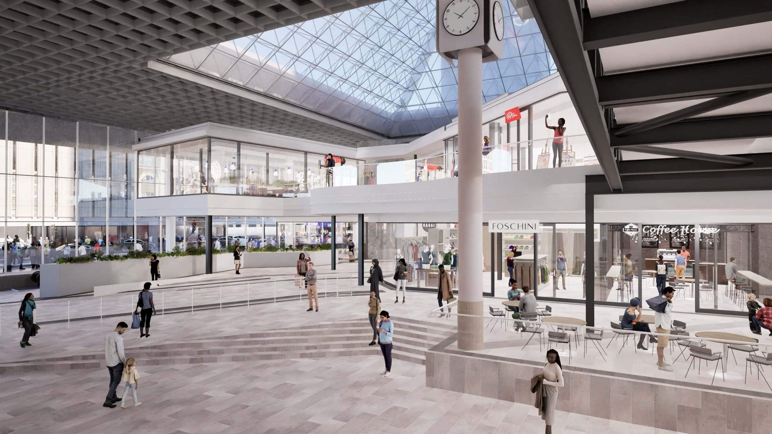 Modern airport terminal with travelers and retail shops in Cape Town.